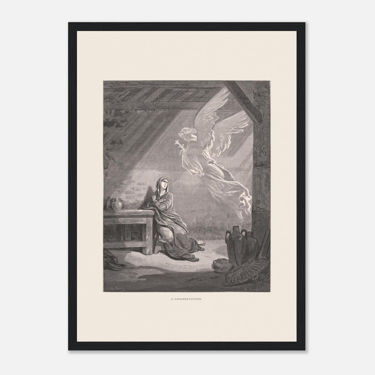 Illustration ancienne L'Annonciation par Gustave Doré (29,7x42 cm (A3) / Cadre noir). Illustration de Gustave Doré représentant l'Annonciation, avec l'ange Gabriel apparaissant à Marie dans une pièce.