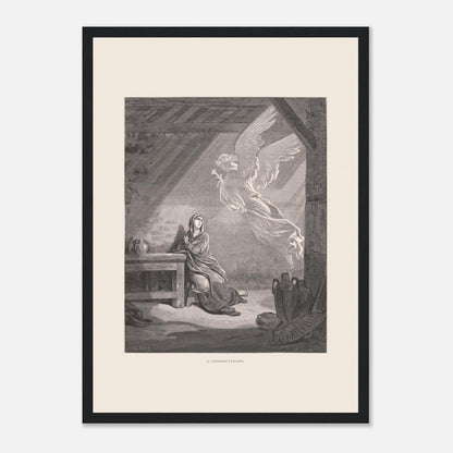 Illustration ancienne L'Annonciation par Gustave Doré (29,7x42 cm (A3) / Cadre noir). Illustration de Gustave Doré représentant l'Annonciation, avec l'ange Gabriel apparaissant à Marie dans une pièce.