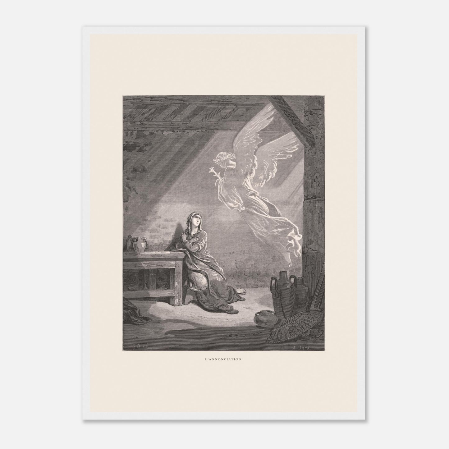 Illustration ancienne L'Annonciation par Gustave Doré (42x59,4 cm (A2) / Cadre blanc). Illustration de Gustave Doré représentant l'Annonciation, avec l'ange Gabriel apparaissant à Marie dans une pièce.