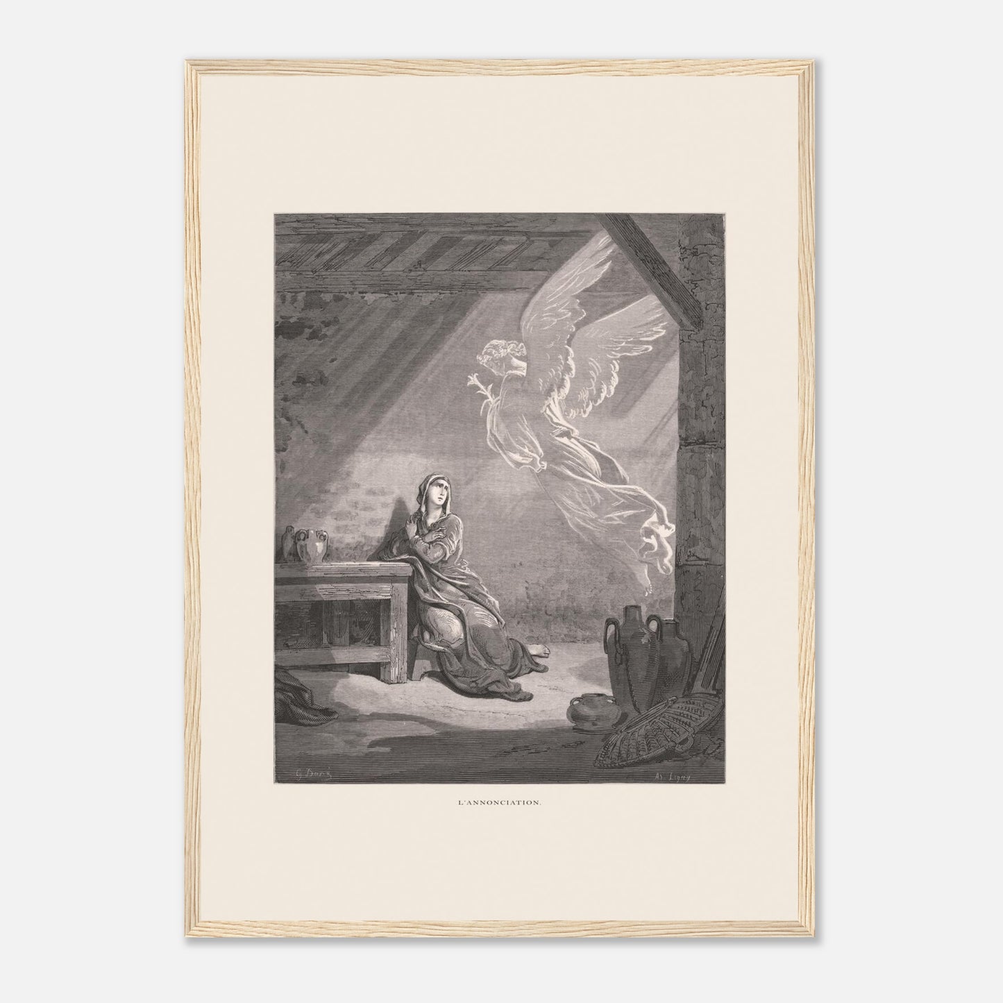 Illustration ancienne L'Annonciation par Gustave Doré (42x59,4 cm (A2) / Cadre bois clair). Illustration de Gustave Doré représentant l'Annonciation, avec l'ange Gabriel apparaissant à Marie dans une pièce.