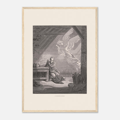 Illustration ancienne L'Annonciation par Gustave Doré (42x59,4 cm (A2) / Cadre bois clair). Illustration de Gustave Doré représentant l'Annonciation, avec l'ange Gabriel apparaissant à Marie dans une pièce.