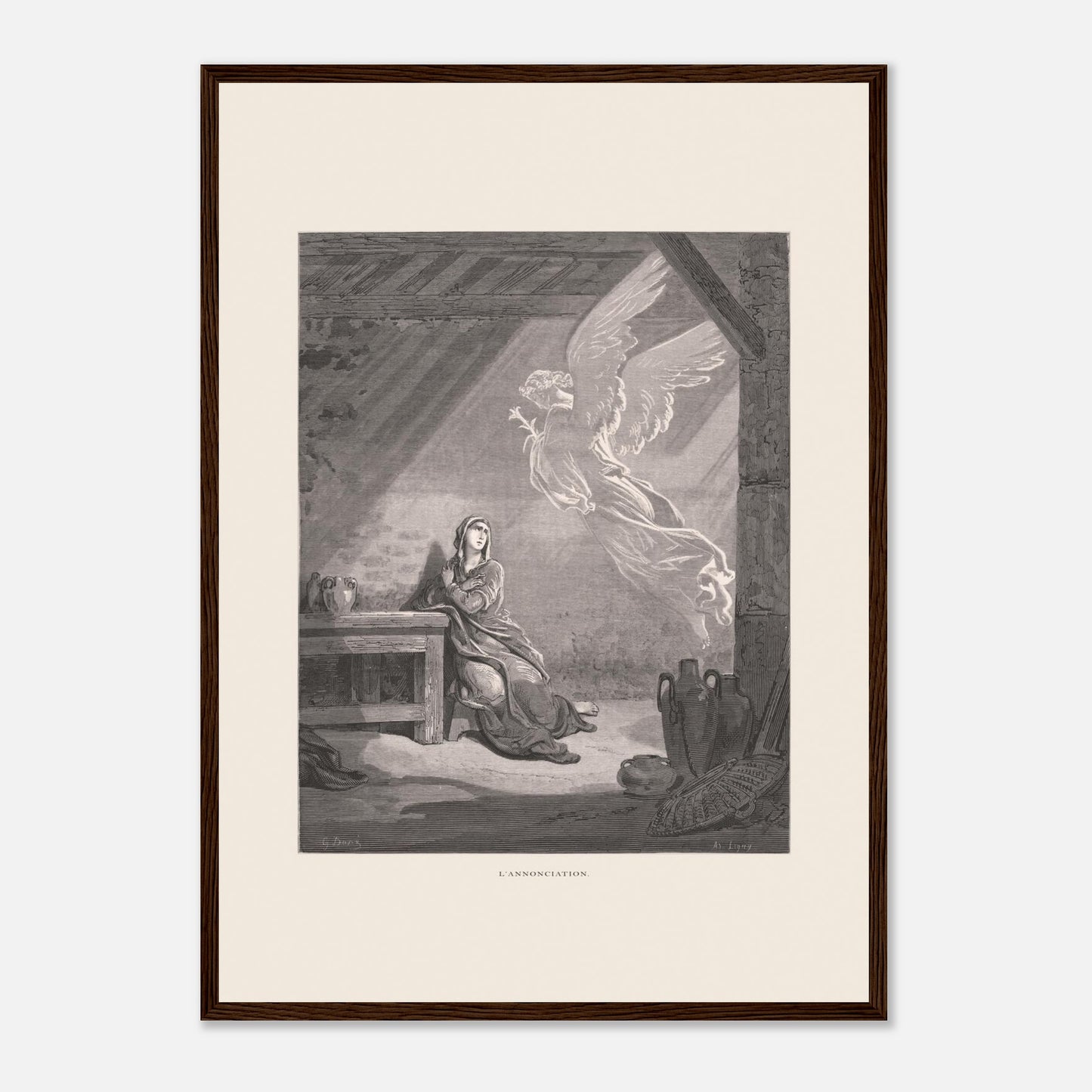 Illustration ancienne L'Annonciation par Gustave Doré (42x59,4 cm (A2) / Cadre bois foncé). Illustration de Gustave Doré représentant l'Annonciation, avec l'ange Gabriel apparaissant à Marie dans une pièce.