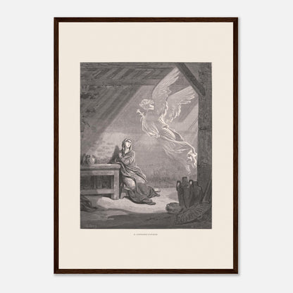 Illustration ancienne L'Annonciation par Gustave Doré (42x59,4 cm (A2) / Cadre bois foncé). Illustration de Gustave Doré représentant l'Annonciation, avec l'ange Gabriel apparaissant à Marie dans une pièce.