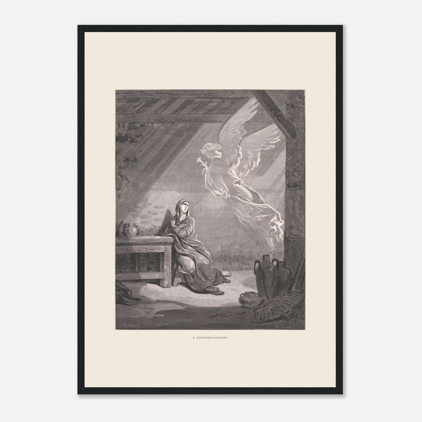 Illustration ancienne L'Annonciation par Gustave Doré (42x59,4 cm (A2) / Cadre noir). Illustration de Gustave Doré représentant l'Annonciation, avec l'ange Gabriel apparaissant à Marie dans une pièce.