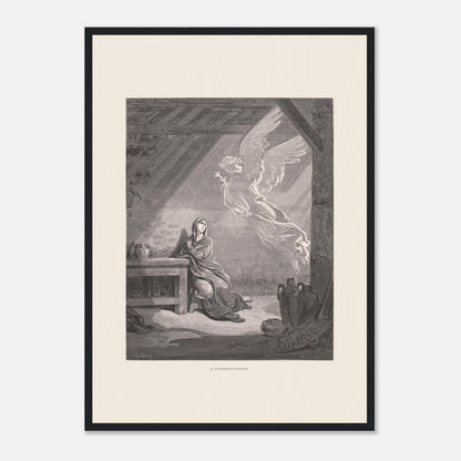 Illustration ancienne L'Annonciation par Gustave Doré (42x59,4 cm (A2) / Cadre noir). Illustration de Gustave Doré représentant l'Annonciation, avec l'ange Gabriel apparaissant à Marie dans une pièce.