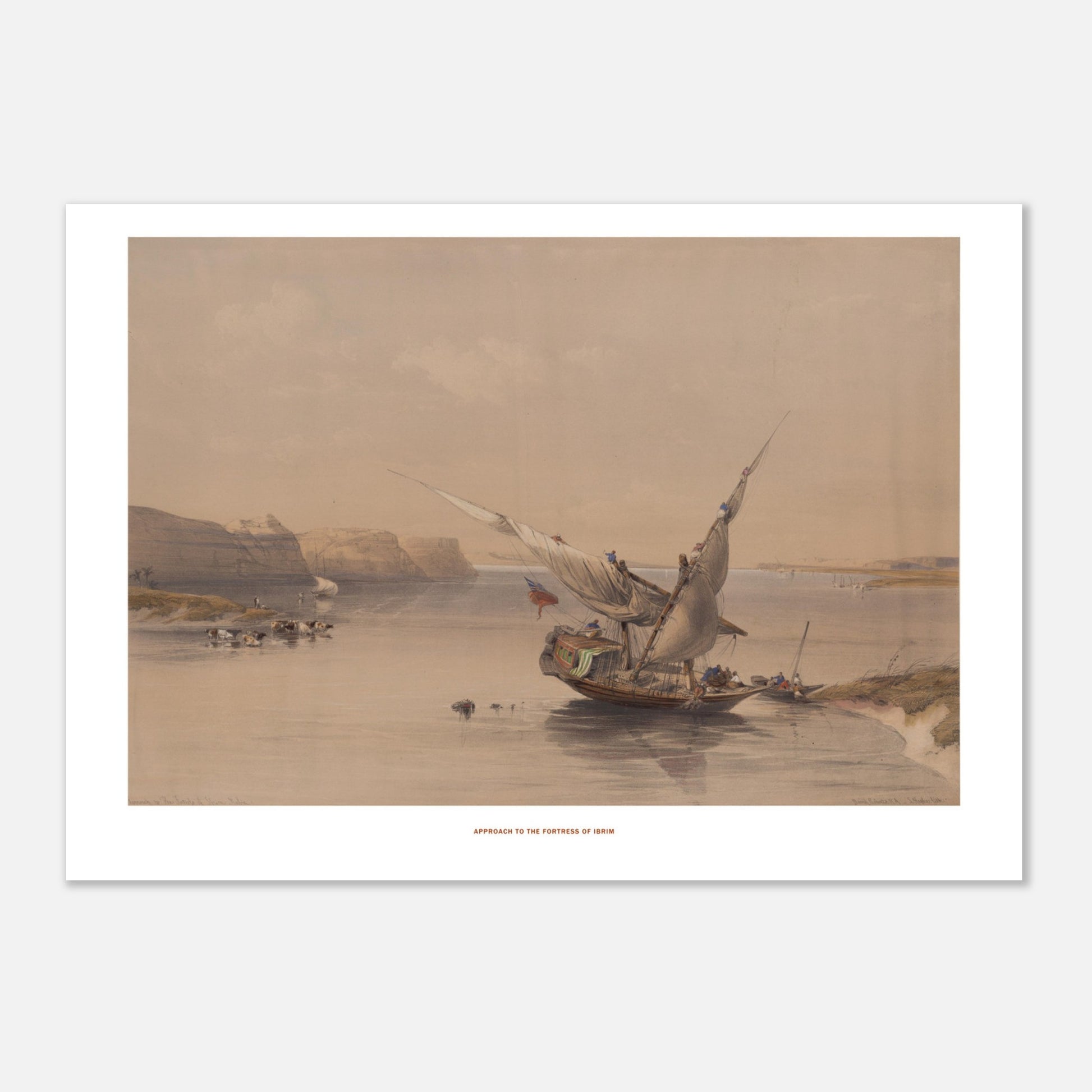 Approche de la forteresse d'Ibrim - David Roberts (Egypte et Nubie) (21x29,7 cm (A4)). Lithographie ancienne montrant l'approche de la forteresse d'Ibrim, avec une felouque chargée de passagers naviguant sur le Nil, entourée de falaises et de bétail.