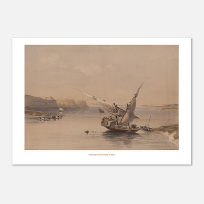 Approche de la forteresse d'Ibrim - David Roberts (Egypte et Nubie) (29,7x42 cm (A3)). Lithographie ancienne montrant l'approche de la forteresse d'Ibrim, avec une felouque chargée de passagers naviguant sur le Nil, entourée de falaises et de bétail.