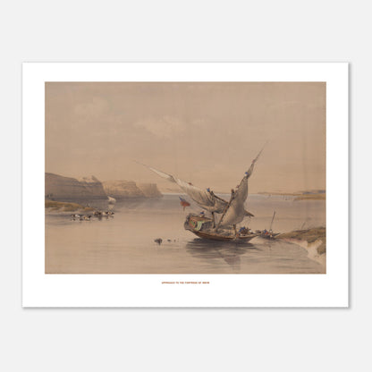 Approche de la forteresse d'Ibrim - David Roberts (Egypte et Nubie) (30x40 cm). Lithographie ancienne montrant l'approche de la forteresse d'Ibrim, avec une felouque chargée de passagers naviguant sur le Nil, entourée de falaises et de bétail.