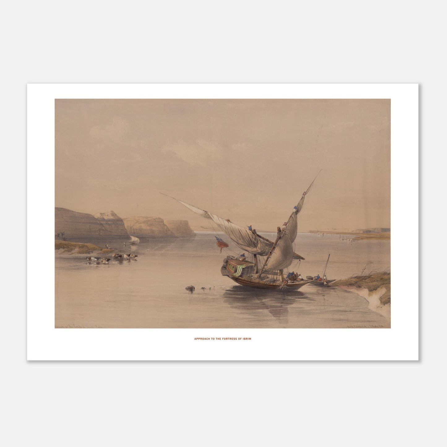 Approche de la forteresse d'Ibrim - David Roberts (Egypte et Nubie) (42x59,4 cm (A2)). Lithographie ancienne montrant l'approche de la forteresse d'Ibrim, avec une felouque chargée de passagers naviguant sur le Nil, entourée de falaises et de bétail.