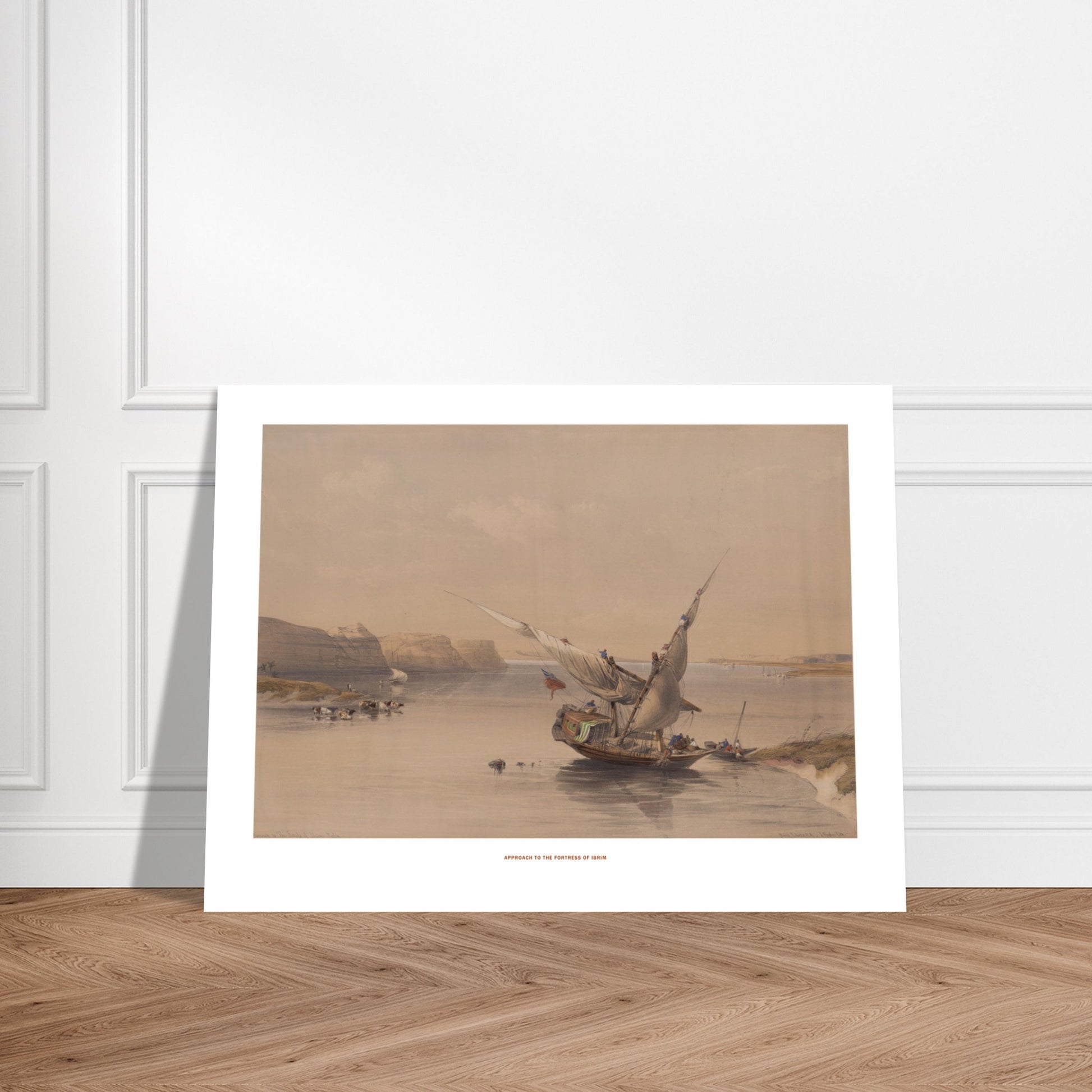 Approche de la forteresse d'Ibrim - David Roberts (Egypte et Nubie). Lithographie ancienne montrant l'approche de la forteresse d'Ibrim, avec une felouque chargée de passagers naviguant sur le Nil, entourée de falaises et de bétail. Image d'illustration 7