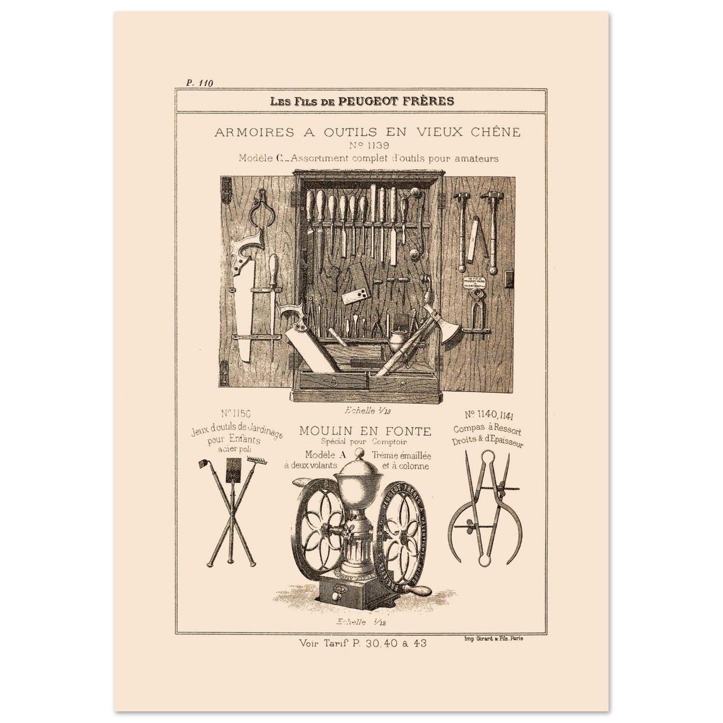 Armoires à outils en vieux chêne - reproduction d'un meuble artisanal du catalogue Peugeot Frères (21x29,7 cm (A4)). Gravure montrant une armoire ouverte remplie d'outils variés, ainsi que des jeux d'outils de jardinage pour enfants, un moulin et un compas.