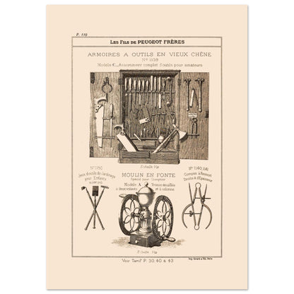 Armoires à outils en vieux chêne - reproduction d'un meuble artisanal du catalogue Peugeot Frères (29,7x42 cm (A3)). Gravure montrant une armoire ouverte remplie d'outils variés, ainsi que des jeux d'outils de jardinage pour enfants, un moulin et un compas.