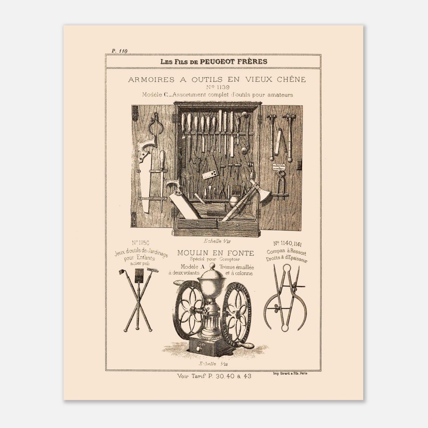 Armoires à outils en vieux chêne - reproduction d'un meuble artisanal du catalogue Peugeot Frères. Gravure montrant une armoire ouverte remplie d'outils variés, ainsi que des jeux d'outils de jardinage pour enfants, un moulin et un compas. Image d'illustration 4