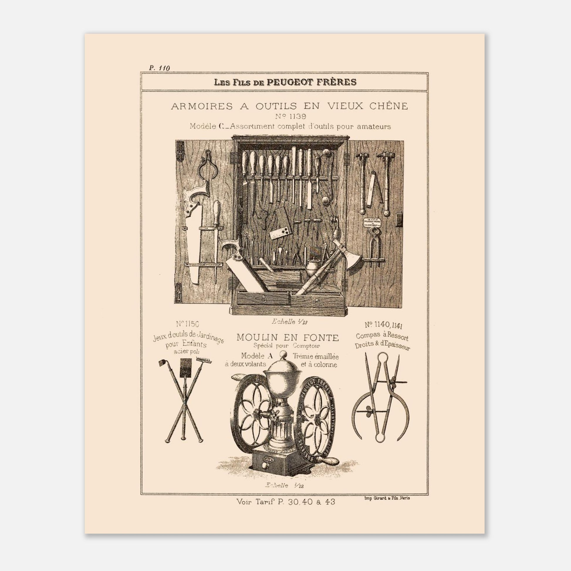 Armoires à outils en vieux chêne - reproduction d'un meuble artisanal du catalogue Peugeot Frères. Gravure montrant une armoire ouverte remplie d'outils variés, ainsi que des jeux d'outils de jardinage pour enfants, un moulin et un compas. Image d'illustration 4