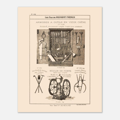 Armoires à outils en vieux chêne - reproduction d'un meuble artisanal du catalogue Peugeot Frères. Gravure montrant une armoire ouverte remplie d'outils variés, ainsi que des jeux d'outils de jardinage pour enfants, un moulin et un compas. Image d'illustration 4