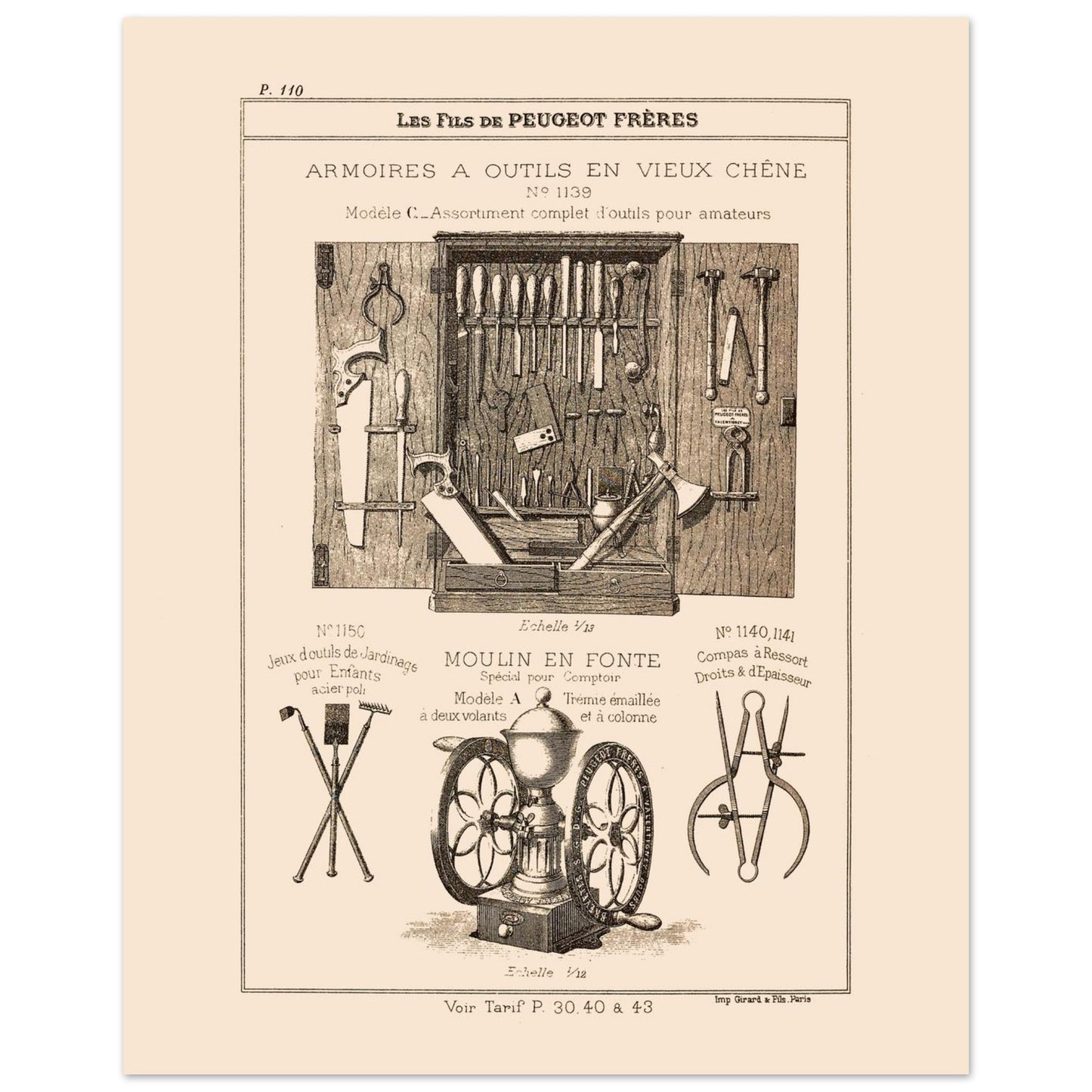 Armoires à outils en vieux chêne - reproduction d'un meuble artisanal du catalogue Peugeot Frères (40x50 cm). Gravure montrant une armoire ouverte remplie d'outils variés, ainsi que des jeux d'outils de jardinage pour enfants, un moulin et un compas.