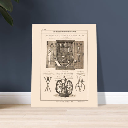 Armoires à outils en vieux chêne - reproduction d'un meuble artisanal du catalogue Peugeot Frères. Gravure montrant une armoire ouverte remplie d'outils variés, ainsi que des jeux d'outils de jardinage pour enfants, un moulin et un compas. Image d'illustration 5