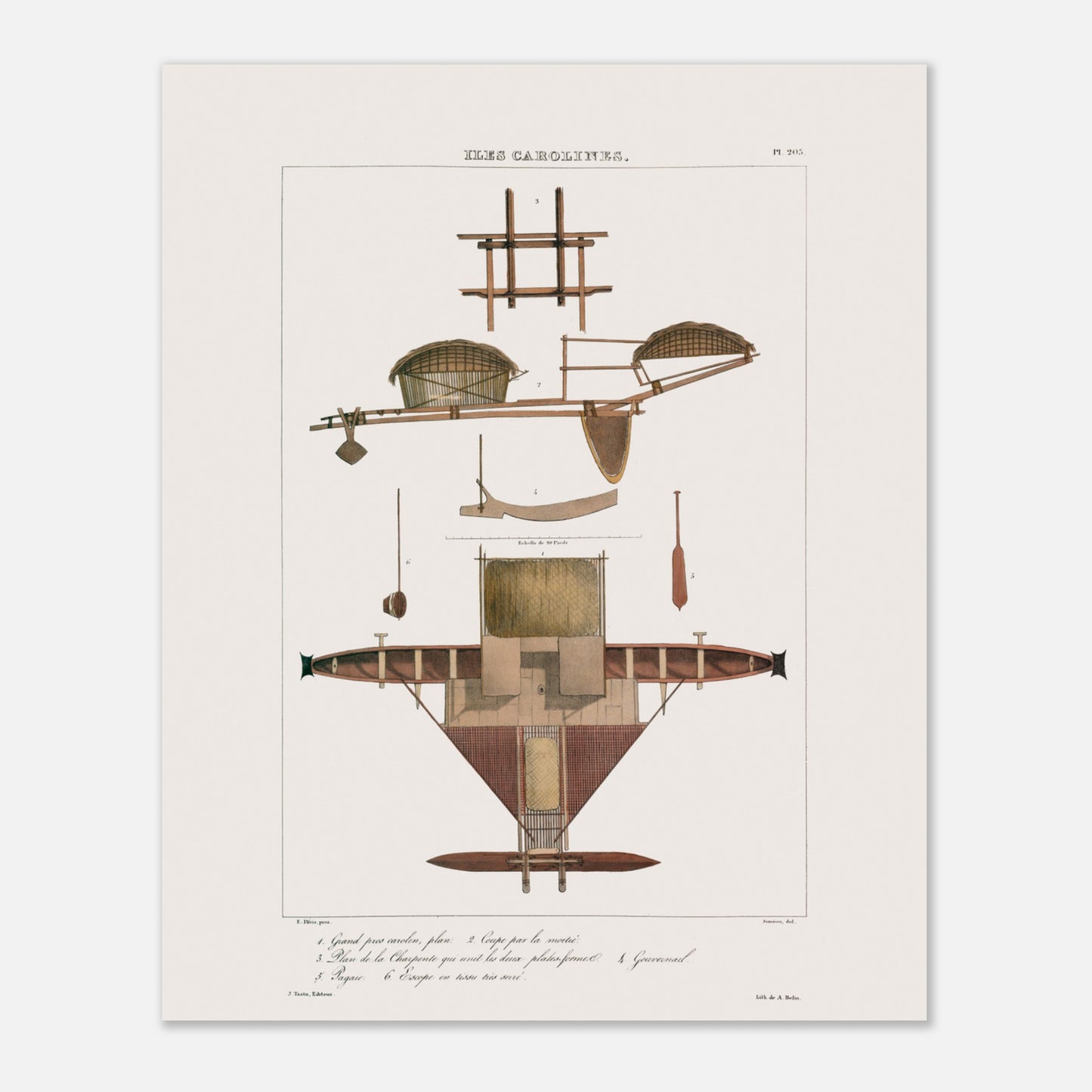 Planche ancienne du Grand Prao de Satahoual (Archipel des Carolines) (40x50 cm). Gravure ancienne montrant une vue latérale et une vue en plan d'un voilier indigène des Îles Carolines, avec des numéros et des légendes explicatives en français. Le titre "ARCHIPEL DES CAROLINES." est inscrit en haut.
