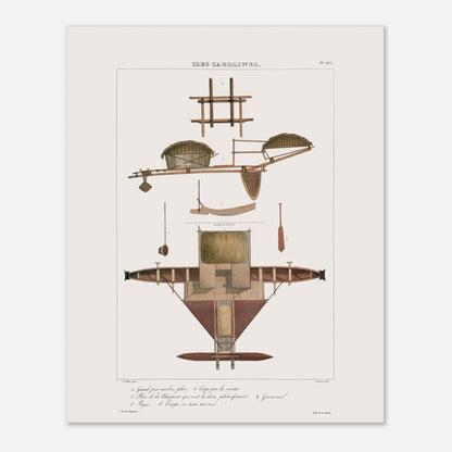 Planche ancienne du Grand Prao de Satahoual (Archipel des Carolines) (40x50 cm). Gravure ancienne montrant une vue latérale et une vue en plan d'un voilier indigène des Îles Carolines, avec des numéros et des légendes explicatives en français. Le titre "ARCHIPEL DES CAROLINES." est inscrit en haut.