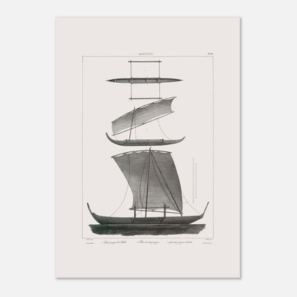 Planche de pirogues à balancier d'Amboine, archipel des Moluques (29,7x42 cm (A3)). Gravure d'une pirogue à balancier traditionnelle d'Amboine aux Moluques, montrant des vues de différentes parties et une pirogue de pêche.