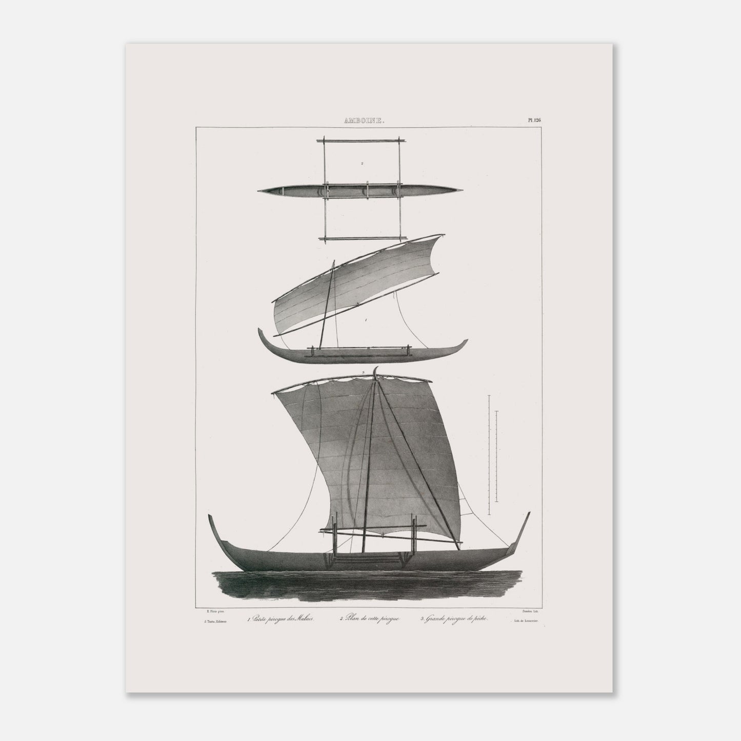 Planche de pirogues à balancier d'Amboine, archipel des Moluques (30x40 cm). Gravure d'une pirogue à balancier traditionnelle d'Amboine aux Moluques, montrant des vues de différentes parties et une pirogue de pêche.