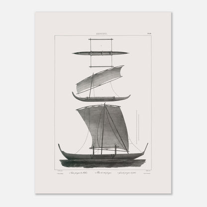 Planche de pirogues à balancier d'Amboine, archipel des Moluques (30x40 cm). Gravure d'une pirogue à balancier traditionnelle d'Amboine aux Moluques, montrant des vues de différentes parties et une pirogue de pêche.
