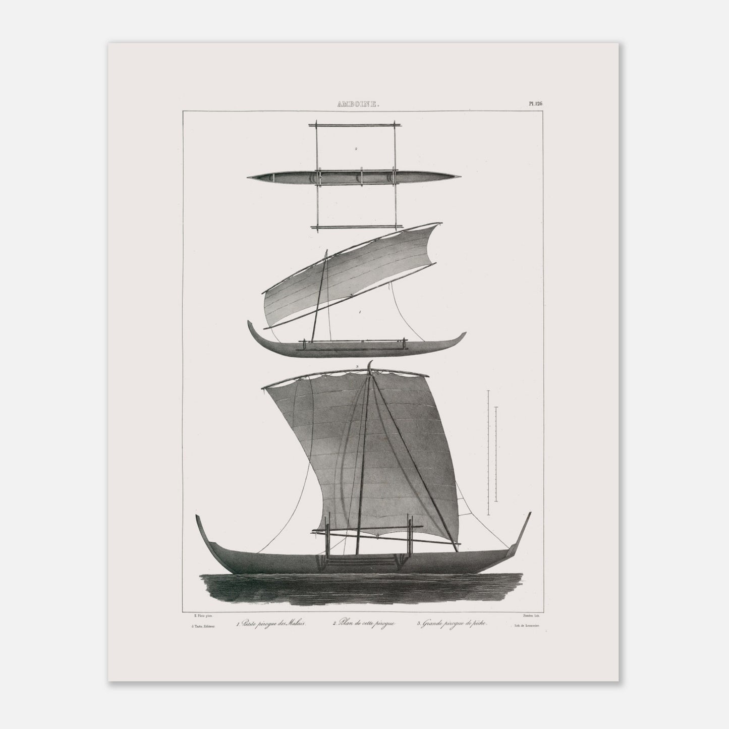 Planche de pirogues à balancier d'Amboine, archipel des Moluques (40x50 cm). Gravure d'une pirogue à balancier traditionnelle d'Amboine aux Moluques, montrant des vues de différentes parties et une pirogue de pêche.