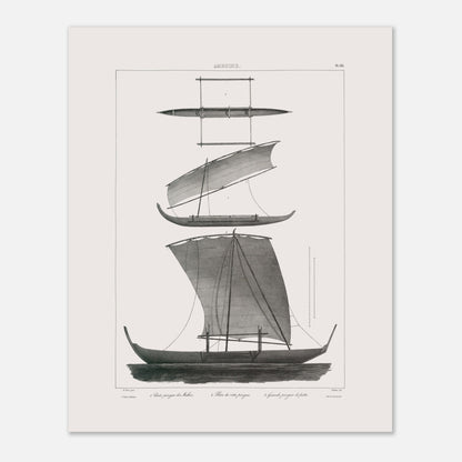 Planche de pirogues à balancier d'Amboine, archipel des Moluques (40x50 cm). Gravure d'une pirogue à balancier traditionnelle d'Amboine aux Moluques, montrant des vues de différentes parties et une pirogue de pêche.