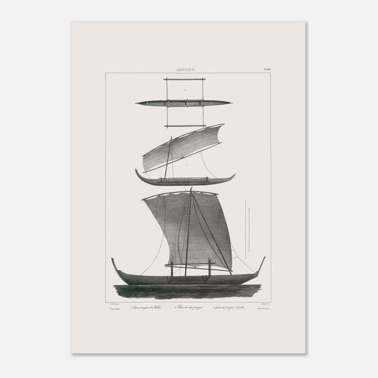 Planche de pirogues à balancier d'Amboine, archipel des Moluques (42x59,4 cm (A2)). Gravure d'une pirogue à balancier traditionnelle d'Amboine aux Moluques, montrant des vues de différentes parties et une pirogue de pêche.