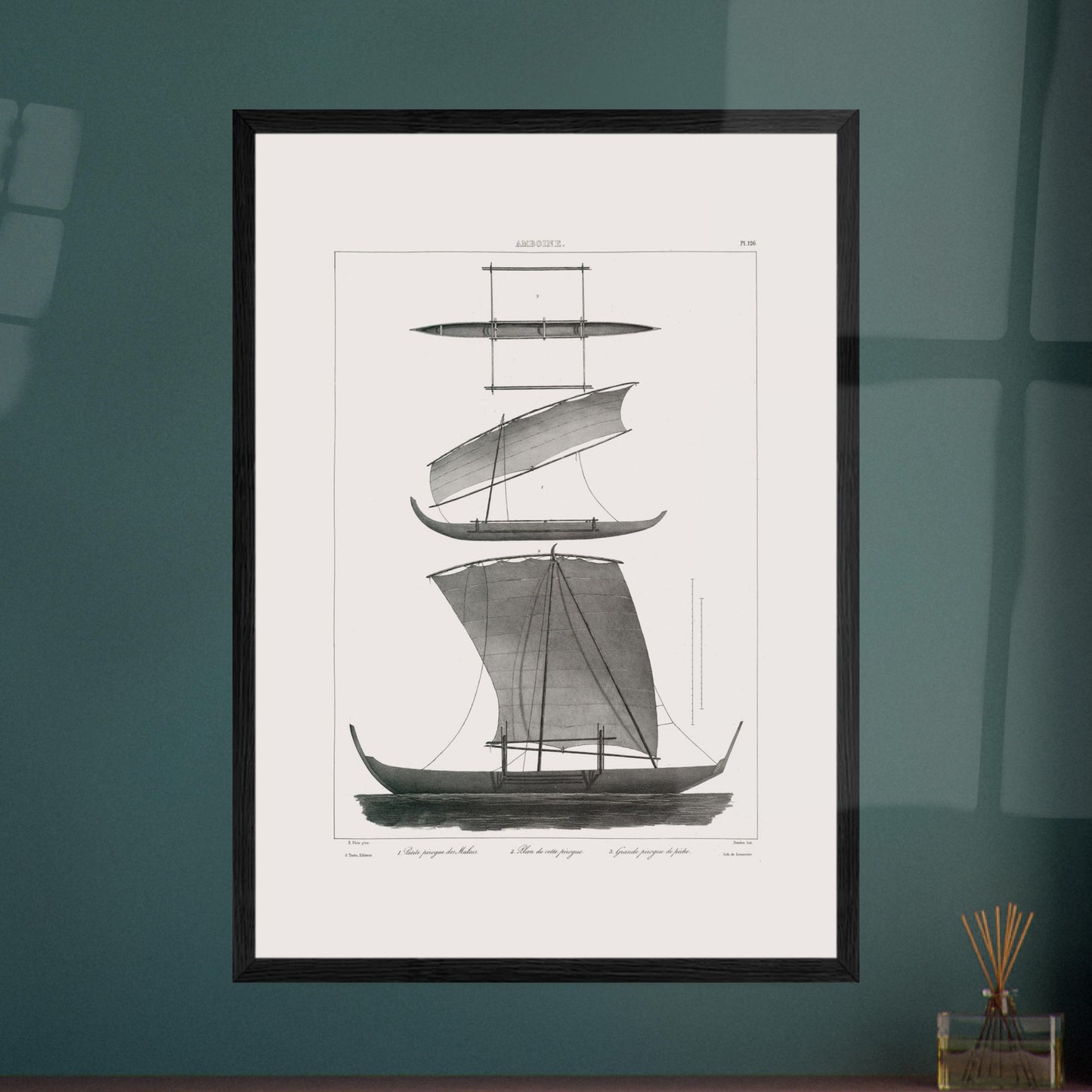 Planche de pirogues à balancier d'Amboine, archipel des Moluques. Gravure d'une pirogue à balancier traditionnelle d'Amboine aux Moluques, montrant des vues de différentes parties et une pirogue de pêche. Image d'illustration 5