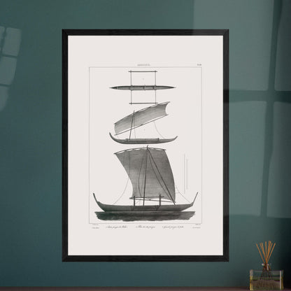Planche de pirogues à balancier d'Amboine, archipel des Moluques. Gravure d'une pirogue à balancier traditionnelle d'Amboine aux Moluques, montrant des vues de différentes parties et une pirogue de pêche. Image d'illustration 5