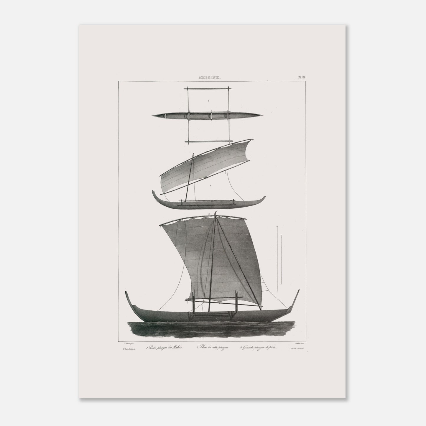 Planche de pirogues à balancier d'Amboine, archipel des Moluques (50x70 cm). Gravure d'une pirogue à balancier traditionnelle d'Amboine aux Moluques, montrant des vues de différentes parties et une pirogue de pêche.