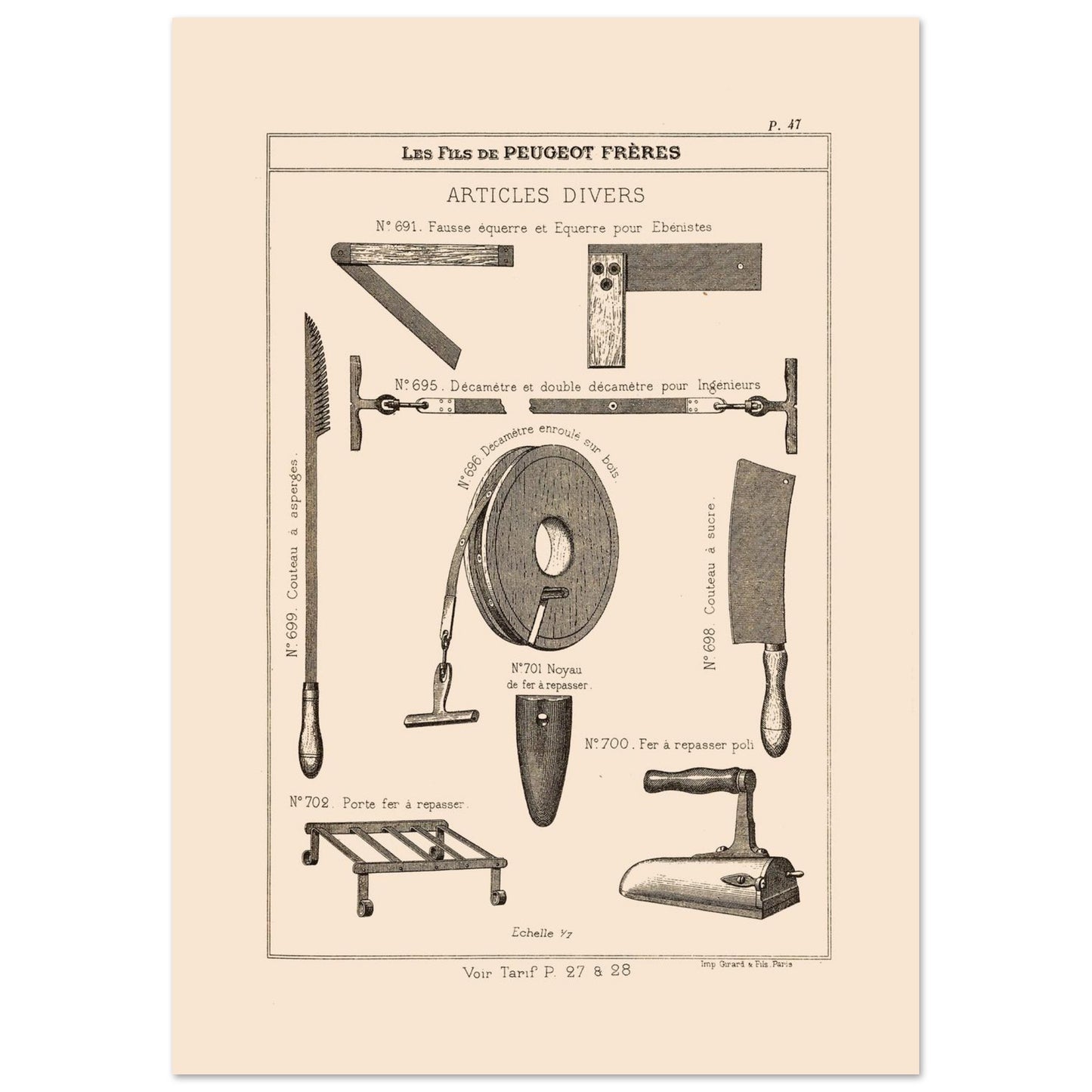 Équerres, décamètres et instruments divers - Catalogue Peugeot Frères 1885 (21x29,7 cm (A4)). Gravure du catalogue Peugeot Frères montrant divers outils et accessoires, tels que des équerres, des décamètres, un couteau, un fer à repasser et son support, avec leurs numéros et descriptions.