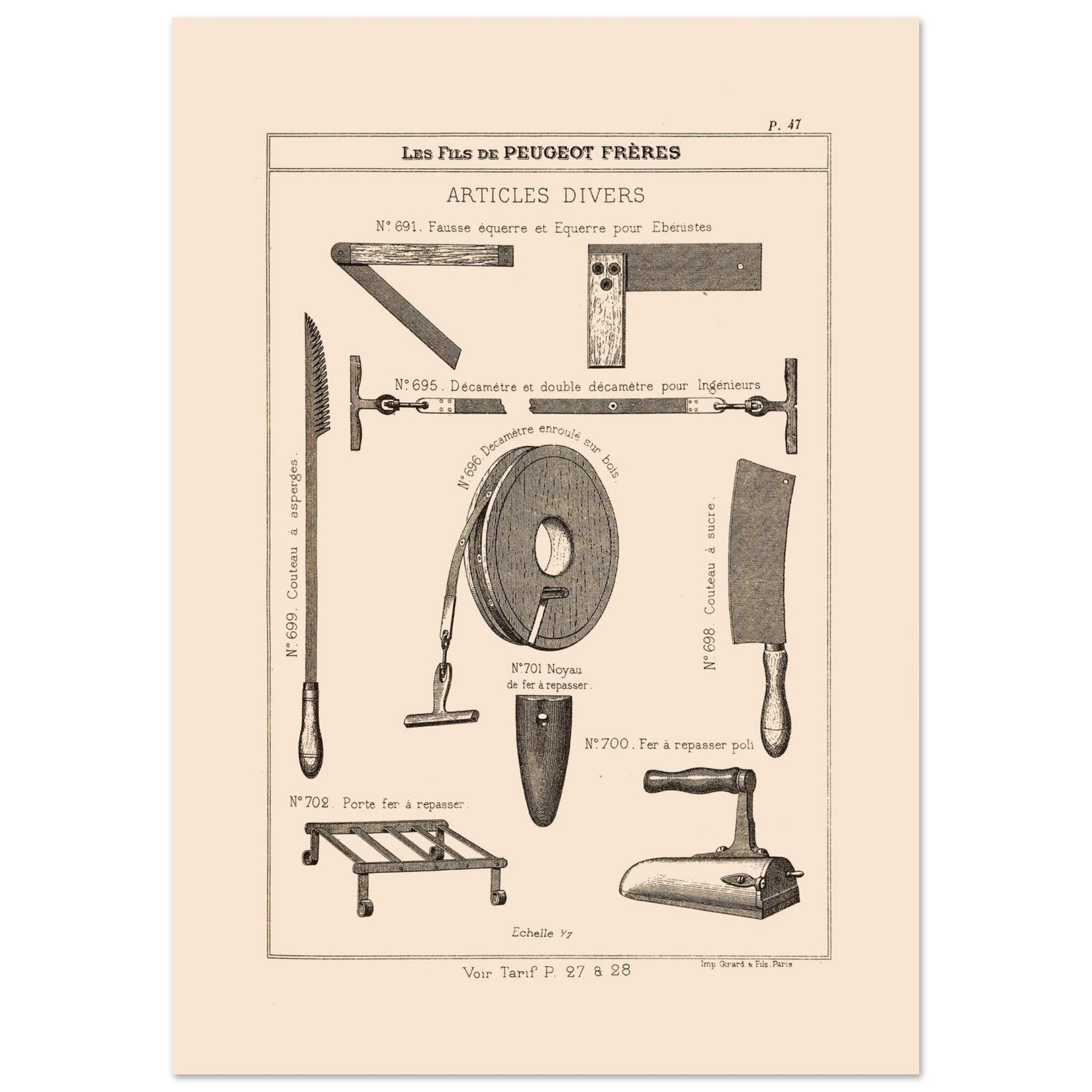 Équerres, décamètres et instruments divers - Catalogue Peugeot Frères 1885 (21x29,7 cm (A4)). Gravure du catalogue Peugeot Frères montrant divers outils et accessoires, tels que des équerres, des décamètres, un couteau, un fer à repasser et son support, avec leurs numéros et descriptions.