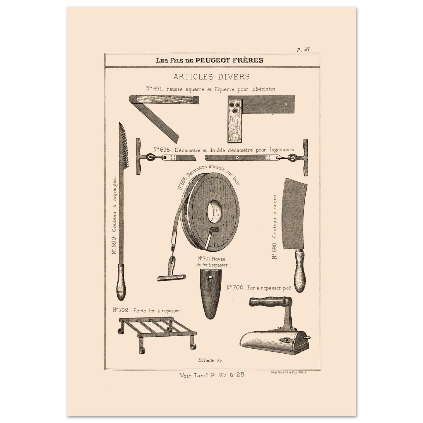 Équerres, décamètres et instruments divers - Catalogue Peugeot Frères 1885 (29,7x42 cm (A3)). Gravure du catalogue Peugeot Frères montrant divers outils et accessoires, tels que des équerres, des décamètres, un couteau, un fer à repasser et son support, avec leurs numéros et descriptions.