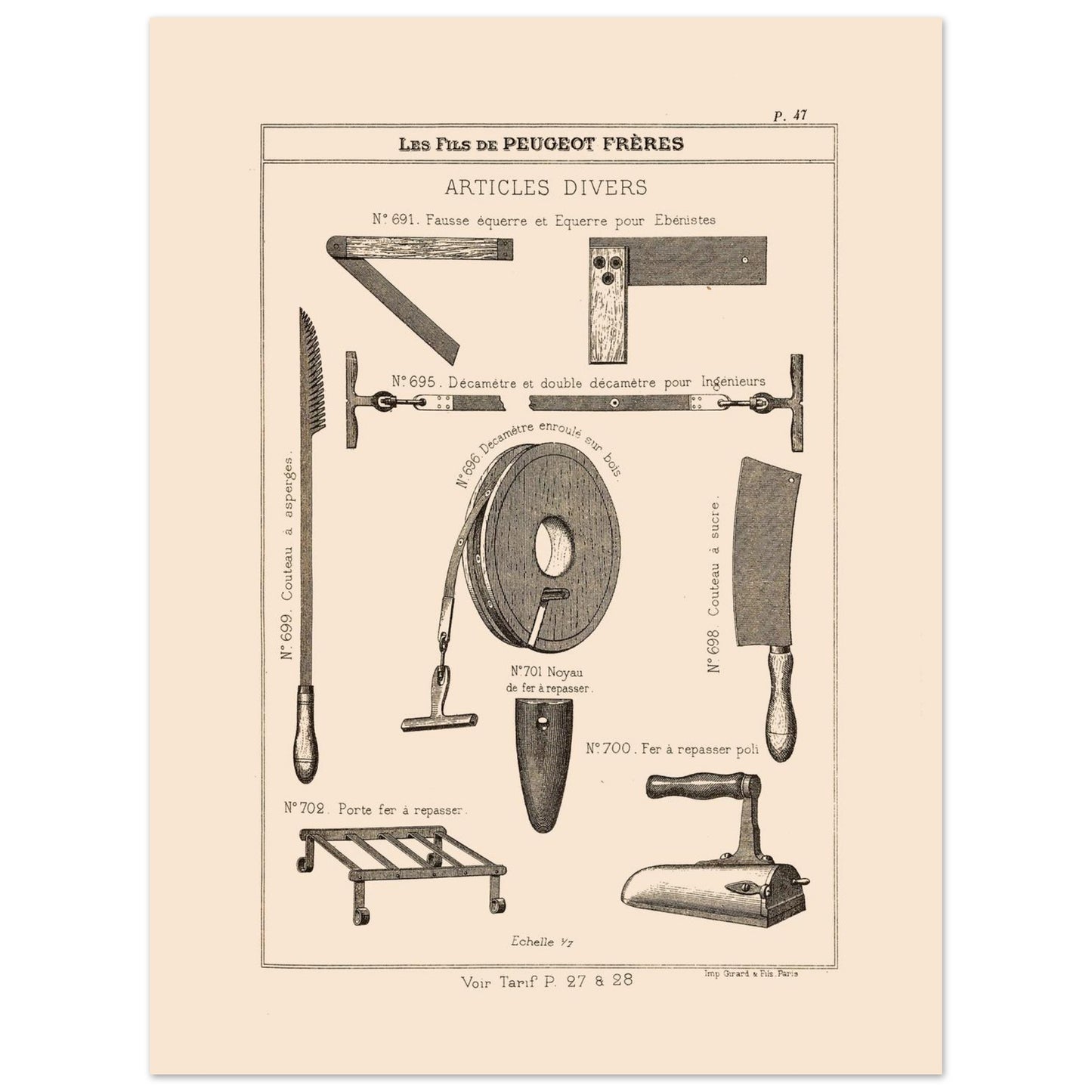 Équerres, décamètres et instruments divers - Catalogue Peugeot Frères 1885 (30x40 cm). Gravure du catalogue Peugeot Frères montrant divers outils et accessoires, tels que des équerres, des décamètres, un couteau, un fer à repasser et son support, avec leurs numéros et descriptions.