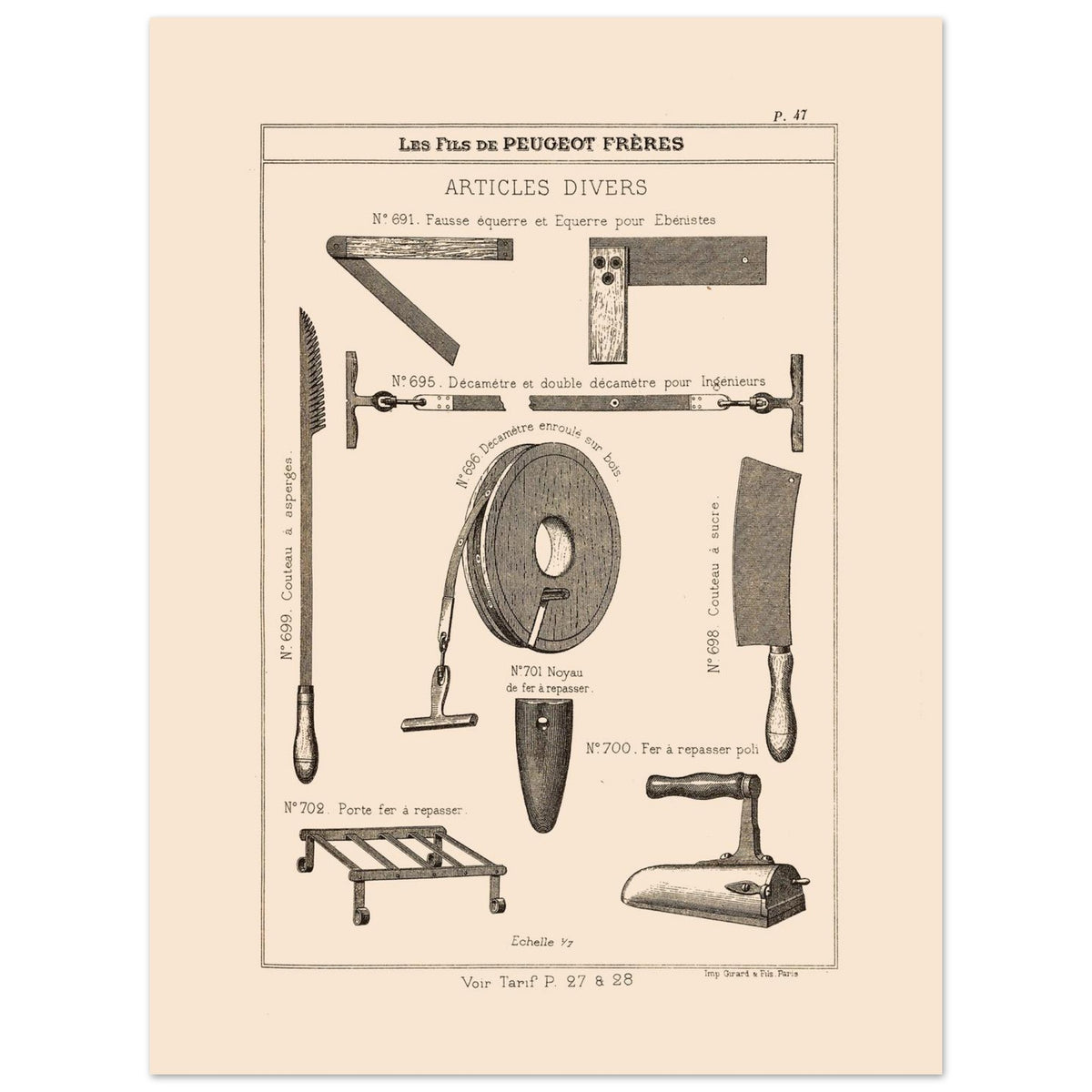 Squares, measuring tapes and various instruments - Peugeot Frères 1885 Catalogue (30x40 cm). Engraving from the Peugeot Frères catalog showing various tools and accessories, such as squares, measuring tapes, a knife, an iron and its stand, with their numbers and descriptions.