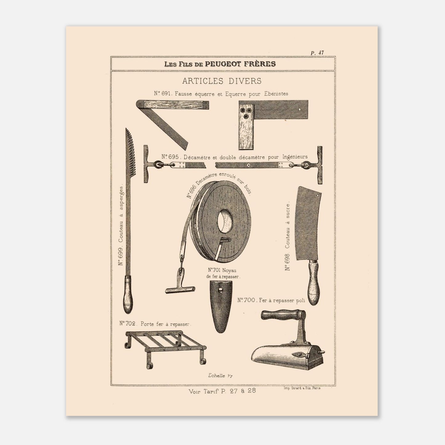 Équerres, décamètres et instruments divers - Catalogue Peugeot Frères 1885. Gravure du catalogue Peugeot Frères montrant divers outils et accessoires, tels que des équerres, des décamètres, un couteau, un fer à repasser et son support, avec leurs numéros et descriptions. Image d'illustration 4