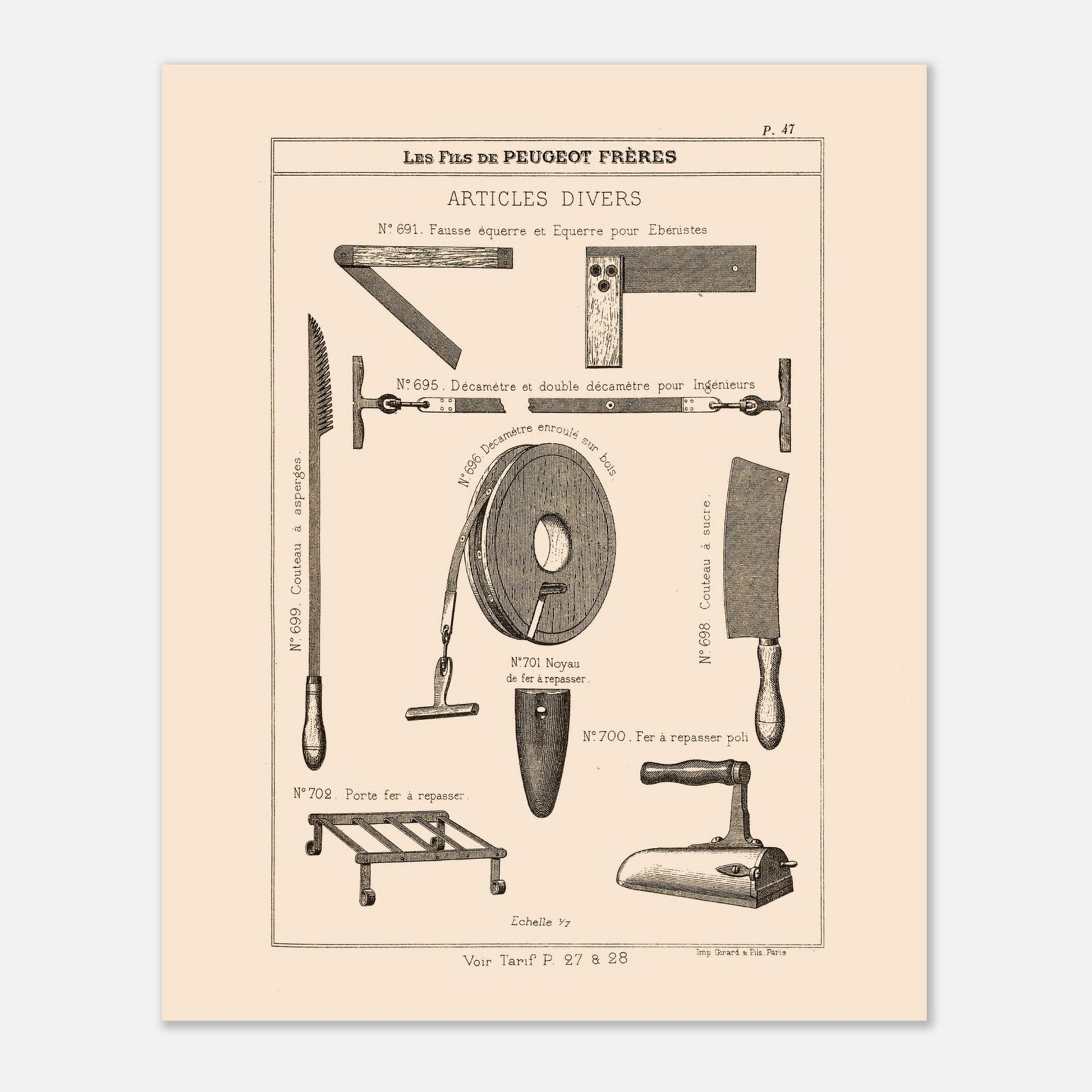 Équerres, décamètres et instruments divers - Catalogue Peugeot Frères 1885. Gravure du catalogue Peugeot Frères montrant divers outils et accessoires, tels que des équerres, des décamètres, un couteau, un fer à repasser et son support, avec leurs numéros et descriptions. Image d'illustration 4