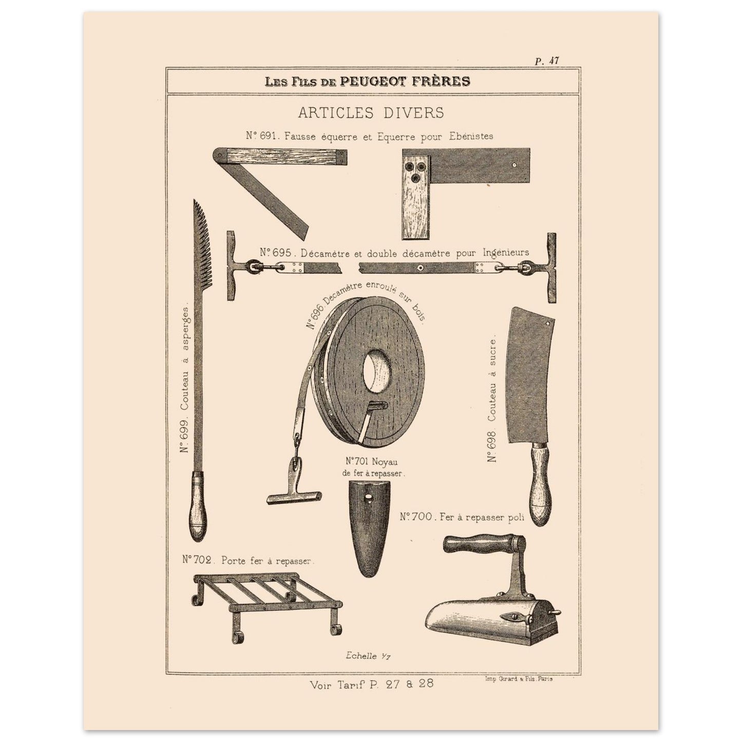 Équerres, décamètres et instruments divers - Catalogue Peugeot Frères 1885 (40x50 cm). Gravure du catalogue Peugeot Frères montrant divers outils et accessoires, tels que des équerres, des décamètres, un couteau, un fer à repasser et son support, avec leurs numéros et descriptions.