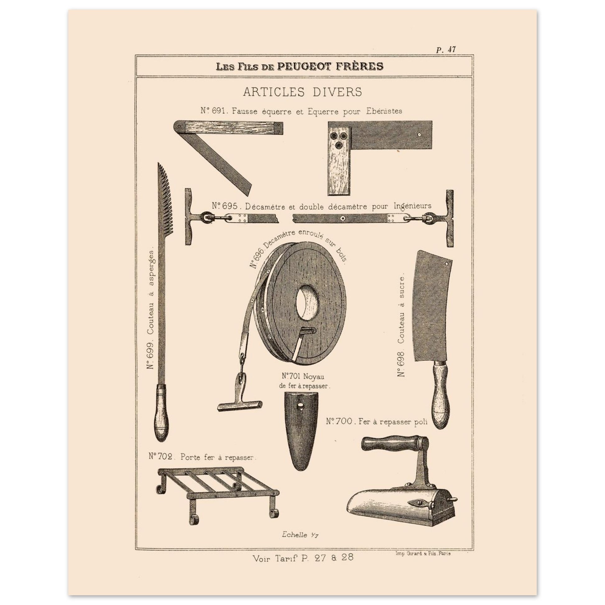 Équerres, décamètres et instruments divers - Catalogue Peugeot Frères 1885 (40x50 cm). Gravure du catalogue Peugeot Frères montrant divers outils et accessoires, tels que des équerres, des décamètres, un couteau, un fer à repasser et son support, avec leurs numéros et descriptions.