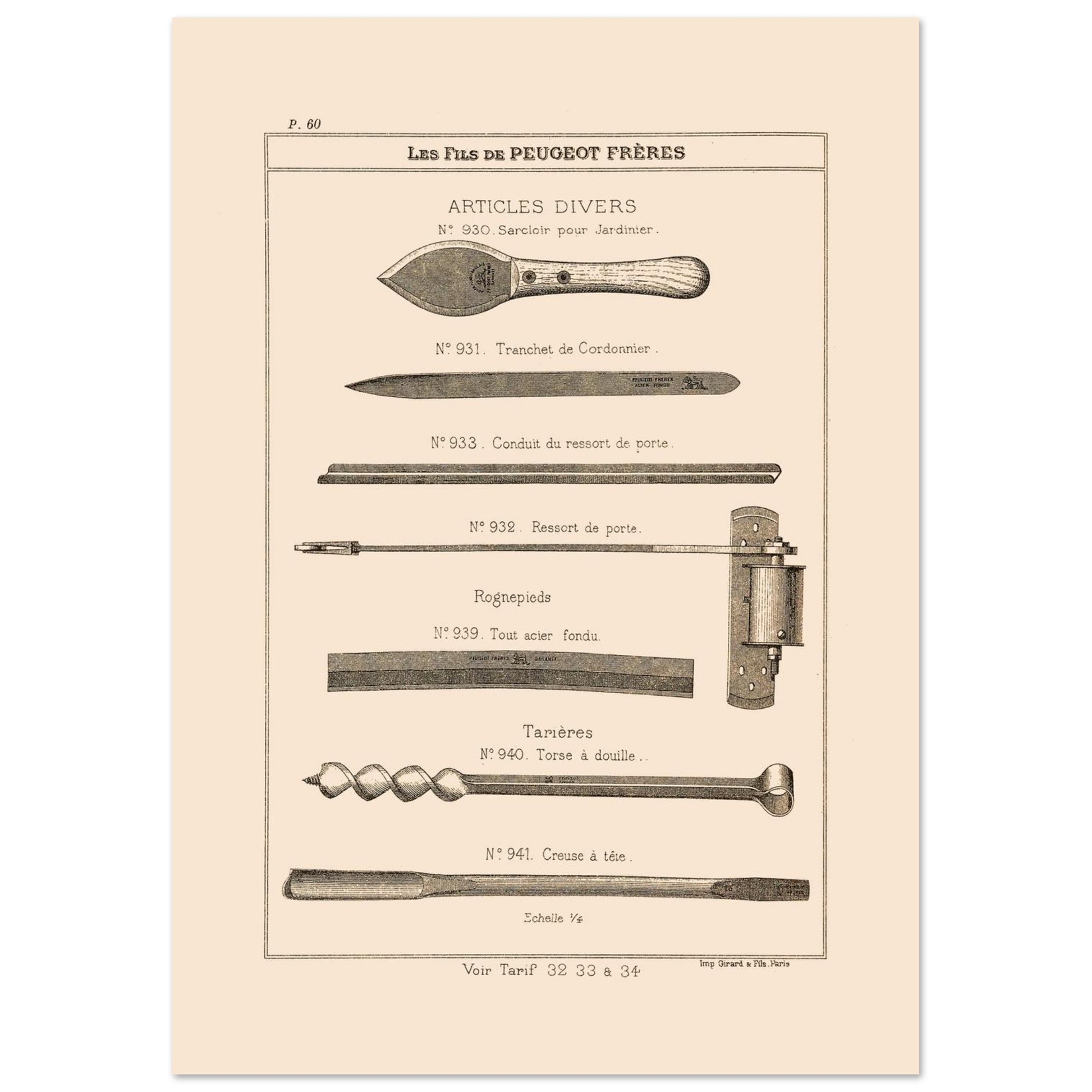 Sarcloirs, tarières et outils de jardinage - Catalogue Peugeot Frères 1885 (21x29,7 cm (A4)). Gravure du catalogue Peugeot Frères présentant divers articles : sarcloir pour jardinier, tranchet de cordonnier, conduit et ressort de porte, rognepieds, et tarières.