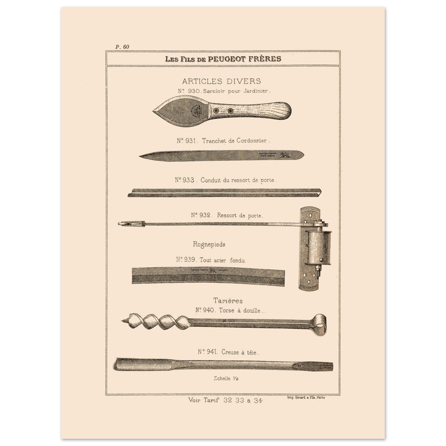 Sarcloirs, tarières et outils de jardinage - Catalogue Peugeot Frères 1885 (30x40 cm). Gravure du catalogue Peugeot Frères présentant divers articles : sarcloir pour jardinier, tranchet de cordonnier, conduit et ressort de porte, rognepieds, et tarières.
