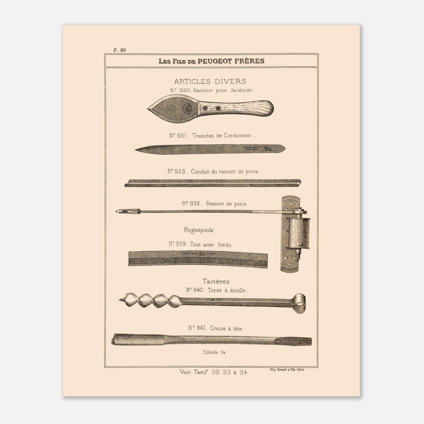 Sarcloirs, tarières et outils de jardinage - Catalogue Peugeot Frères 1885. Gravure du catalogue Peugeot Frères présentant divers articles : sarcloir pour jardinier, tranchet de cordonnier, conduit et ressort de porte, rognepieds, et tarières. Image d'illustration 4