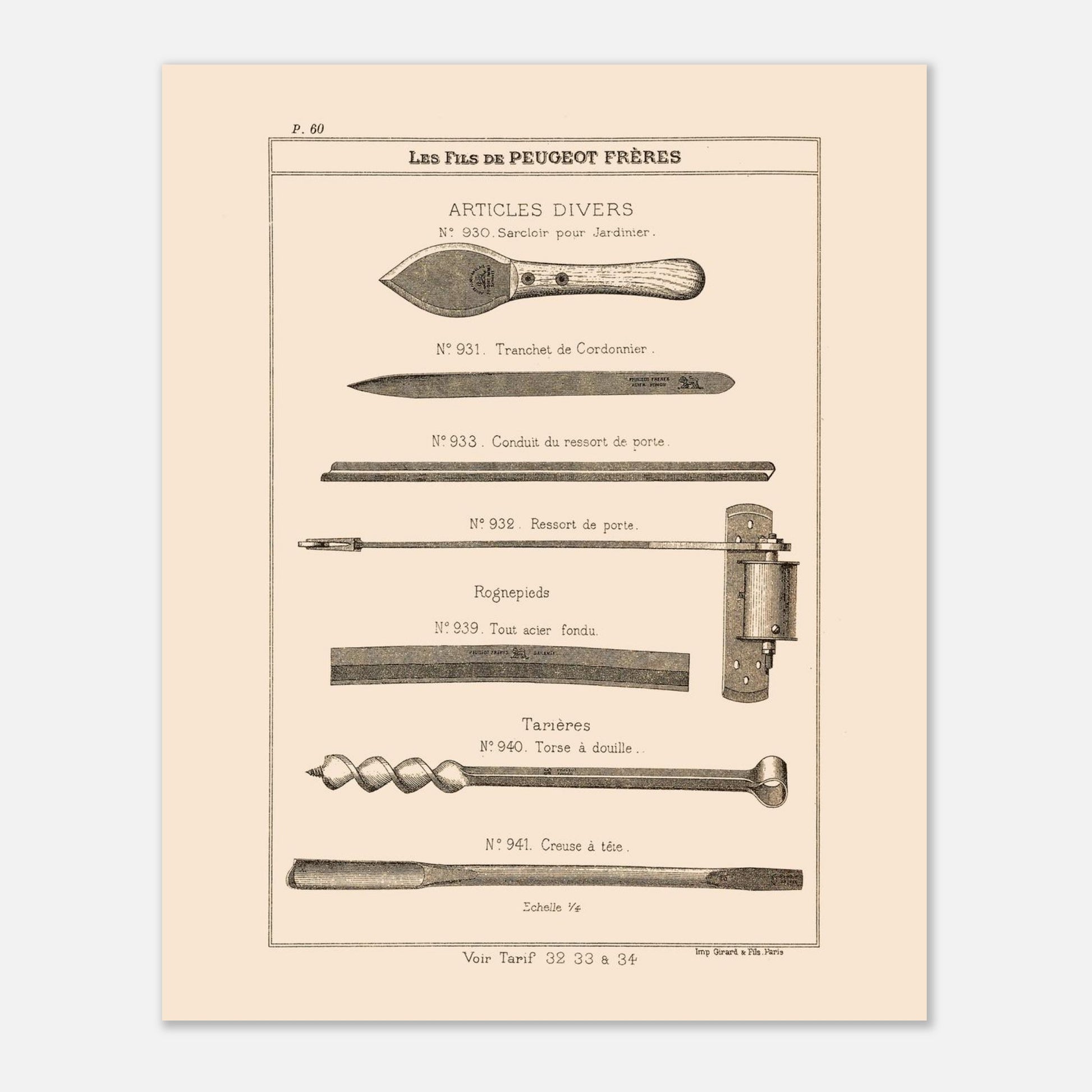 Sarcloirs, tarières et outils de jardinage - Catalogue Peugeot Frères 1885. Gravure du catalogue Peugeot Frères présentant divers articles : sarcloir pour jardinier, tranchet de cordonnier, conduit et ressort de porte, rognepieds, et tarières. Image d'illustration 4