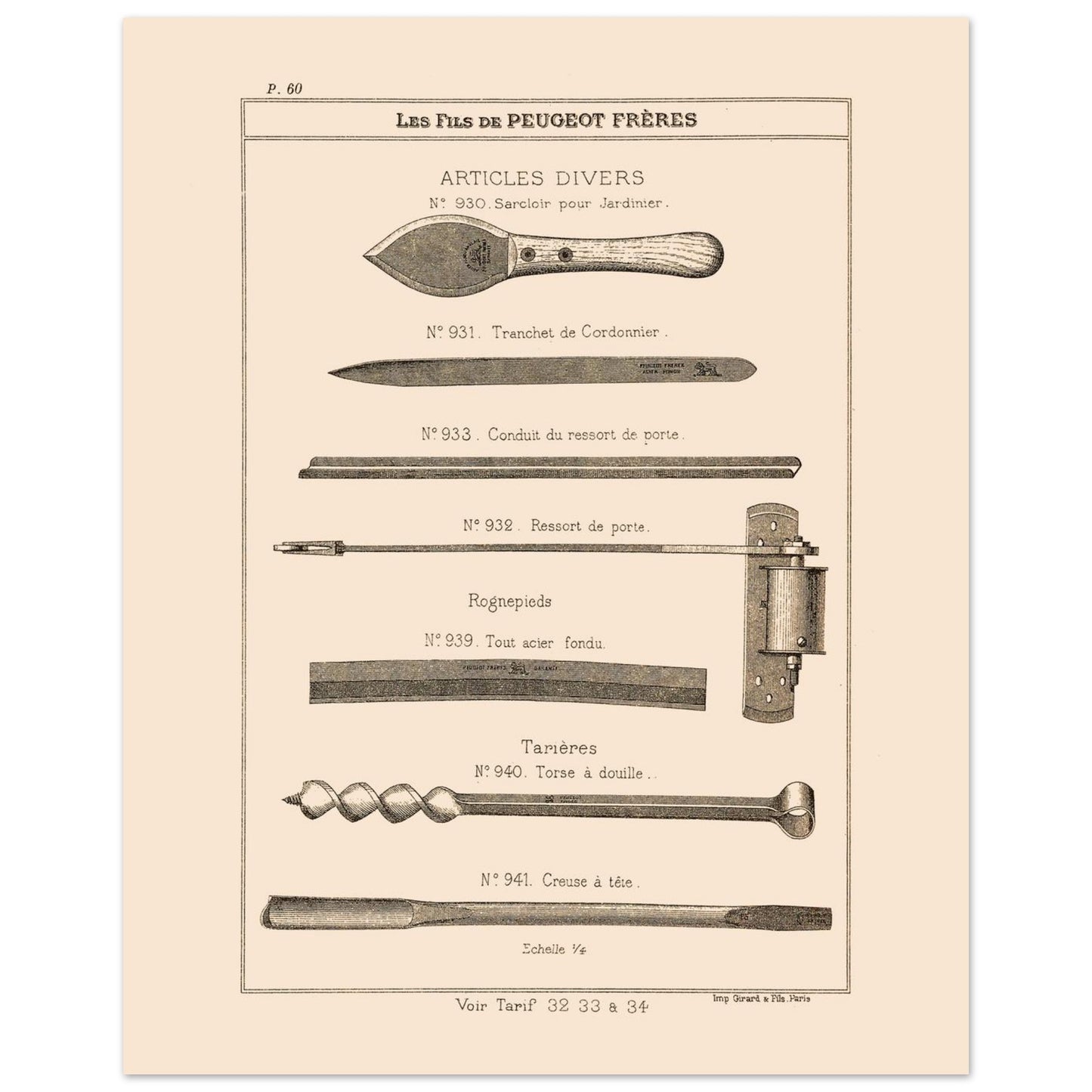 Sarcloirs, tarières et outils de jardinage - Catalogue Peugeot Frères 1885 (40x50 cm). Gravure du catalogue Peugeot Frères présentant divers articles : sarcloir pour jardinier, tranchet de cordonnier, conduit et ressort de porte, rognepieds, et tarières.
