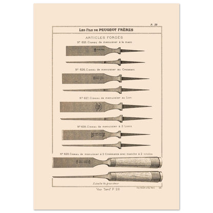 Planche de ciseaux de menuisier forgés - Catalogue Peugeot Frères 1885 (21x29,7 cm (A4)). Planche d'illustrations du catalogue Peugeot Frères présentant divers modèles de ciseaux de menuisier, numérotés et légendés, avec une échelle.