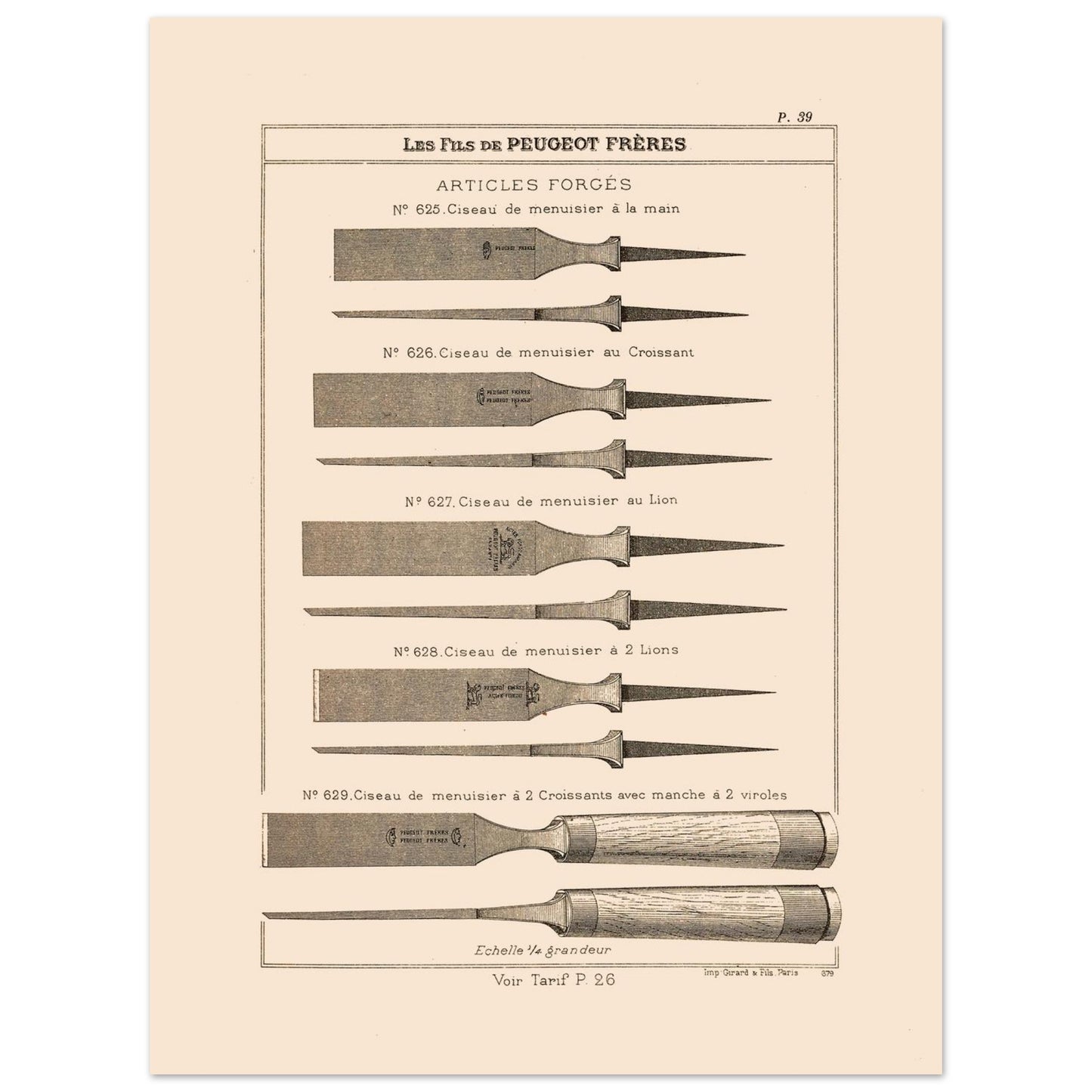 Planche de ciseaux de menuisier forgés - Catalogue Peugeot Frères 1885 (30x40 cm). Planche d'illustrations du catalogue Peugeot Frères présentant divers modèles de ciseaux de menuisier, numérotés et légendés, avec une échelle.
