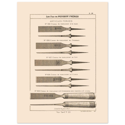 Planche de ciseaux de menuisier forgés - Catalogue Peugeot Frères 1885 (30x40 cm). Planche d'illustrations du catalogue Peugeot Frères présentant divers modèles de ciseaux de menuisier, numérotés et légendés, avec une échelle.