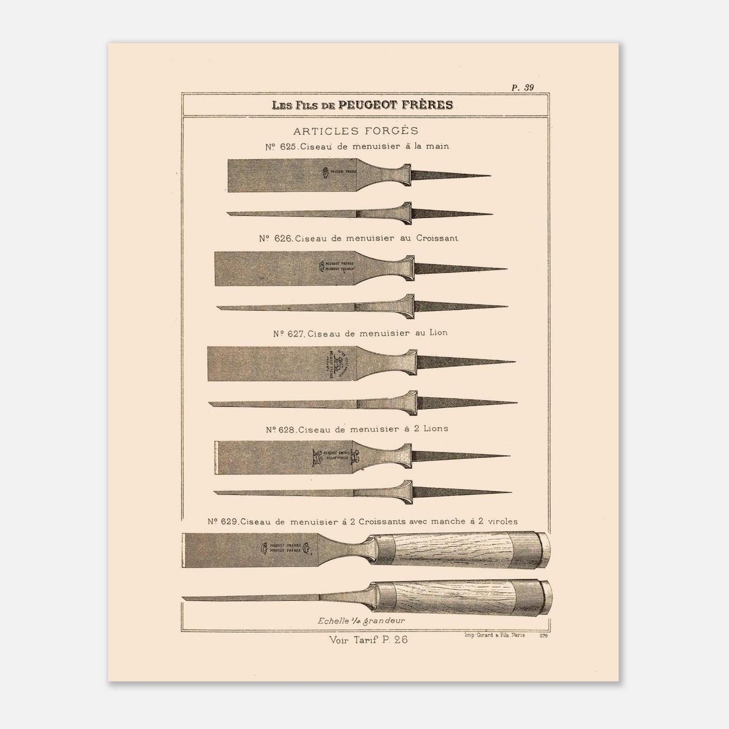 Planche de ciseaux de menuisier forgés - Catalogue Peugeot Frères 1885. Planche d'illustrations du catalogue Peugeot Frères présentant divers modèles de ciseaux de menuisier, numérotés et légendés, avec une échelle. Image d'illustration 4